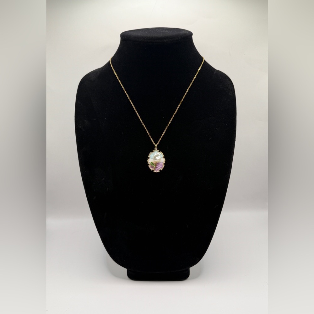 Floral and Pearl Enamel Charm Pendant Necklace - Picture 2 of 8